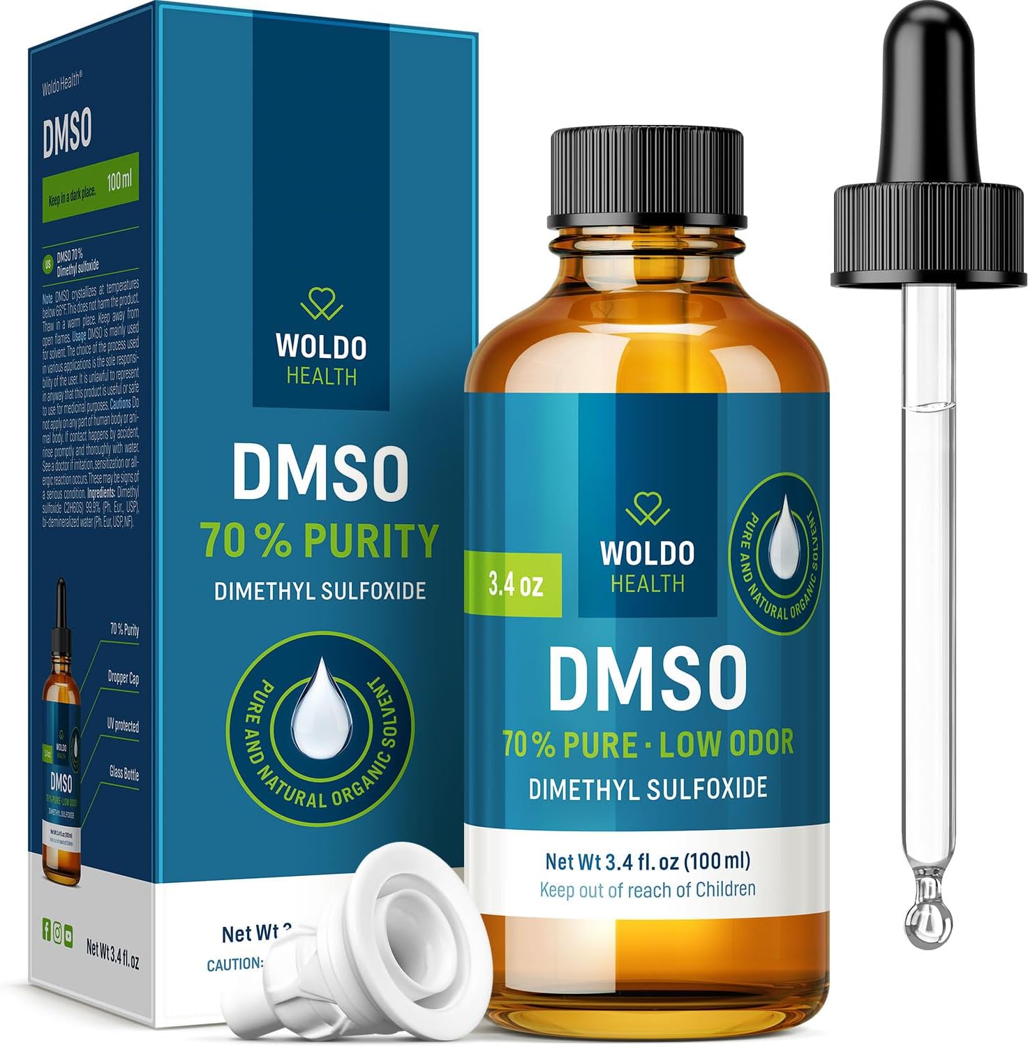 WoldoHealth DMSO 70% liquid in amber glass dropper bottle